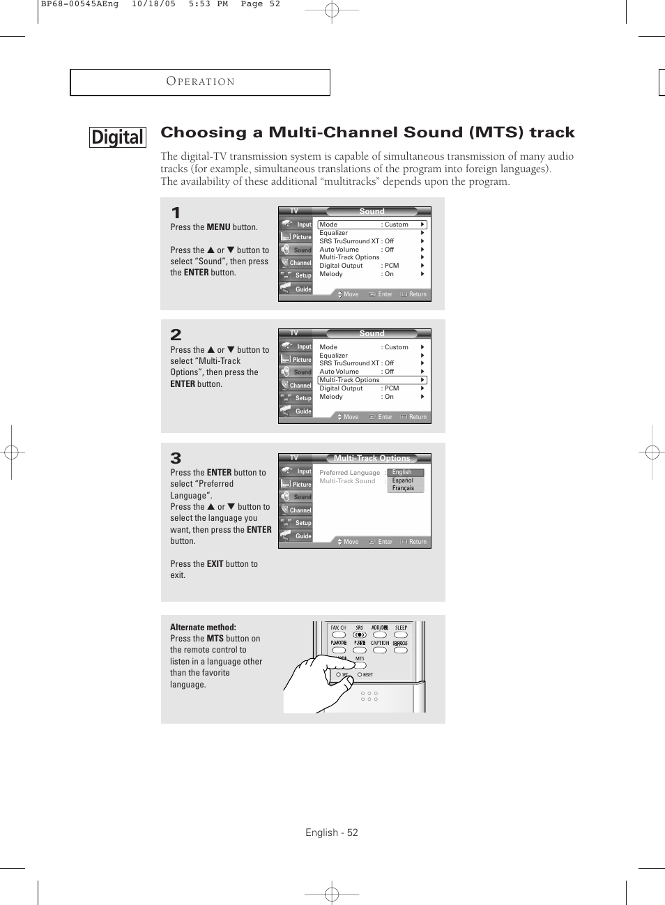 Digital, Choosing a multi-channel sound (mts) track | Samsung HCS4755WX-XAA User Manual | Page 52 / 80