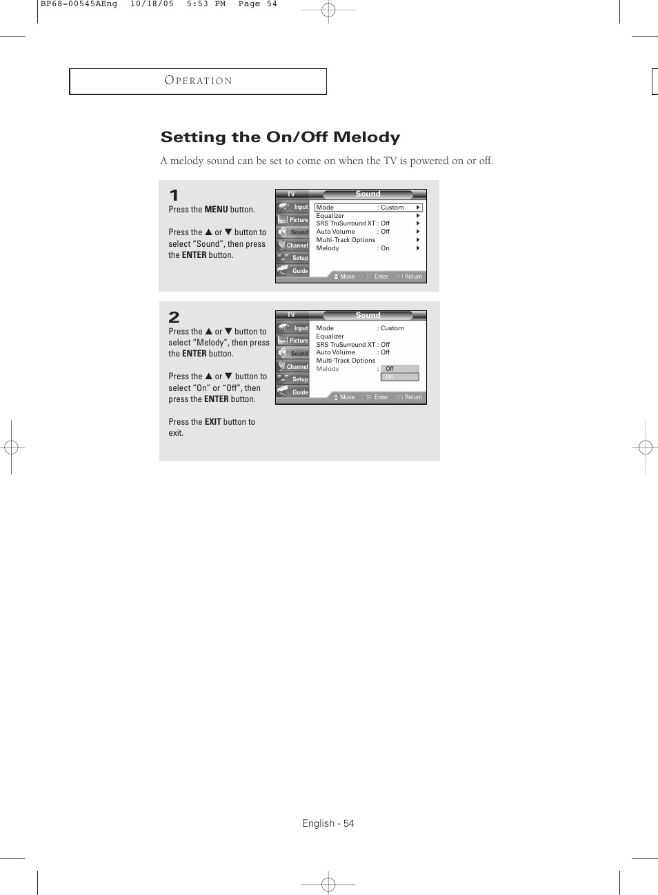 Setting the on/off melody | Samsung HCS4755WX-XAA User Manual | Page 54 / 80