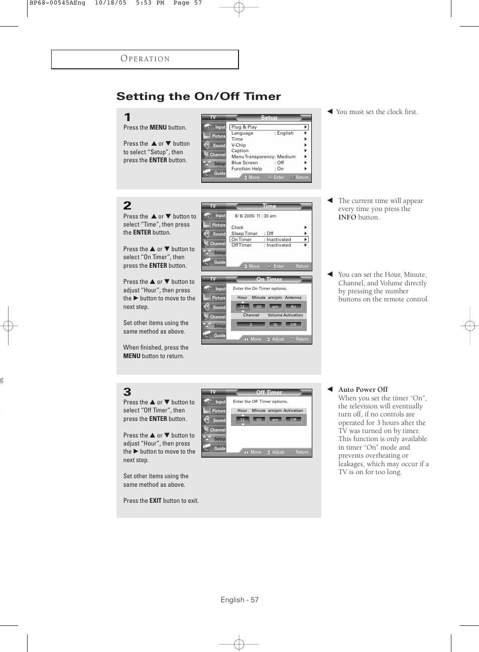 Setting the on/off timer, English - 57, P e r at i o n | Œ you must set the clock first. g t | Samsung HCS4755WX-XAA User Manual | Page 57 / 80