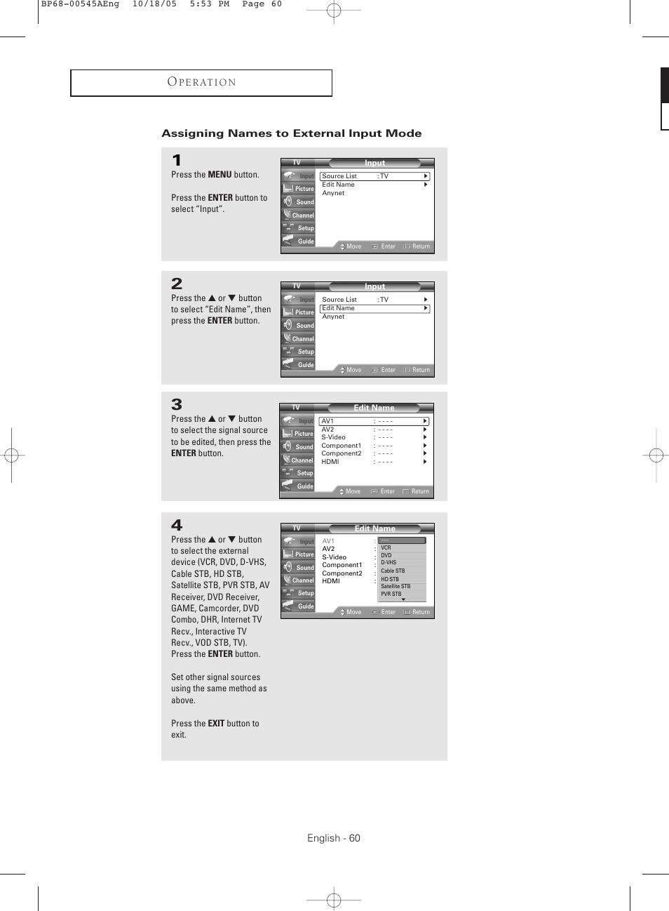 Assigning names to external input mode, English - 60, P e r at i o n | Samsung HCS4755WX-XAA User Manual | Page 60 / 80