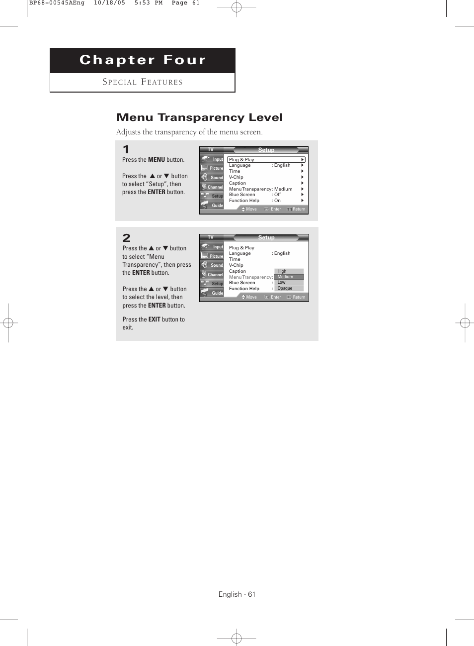 Chapter four : special features, Menu transparency level, Adjusts the transparency of the menu screen | Samsung HCS4755WX-XAA User Manual | Page 61 / 80