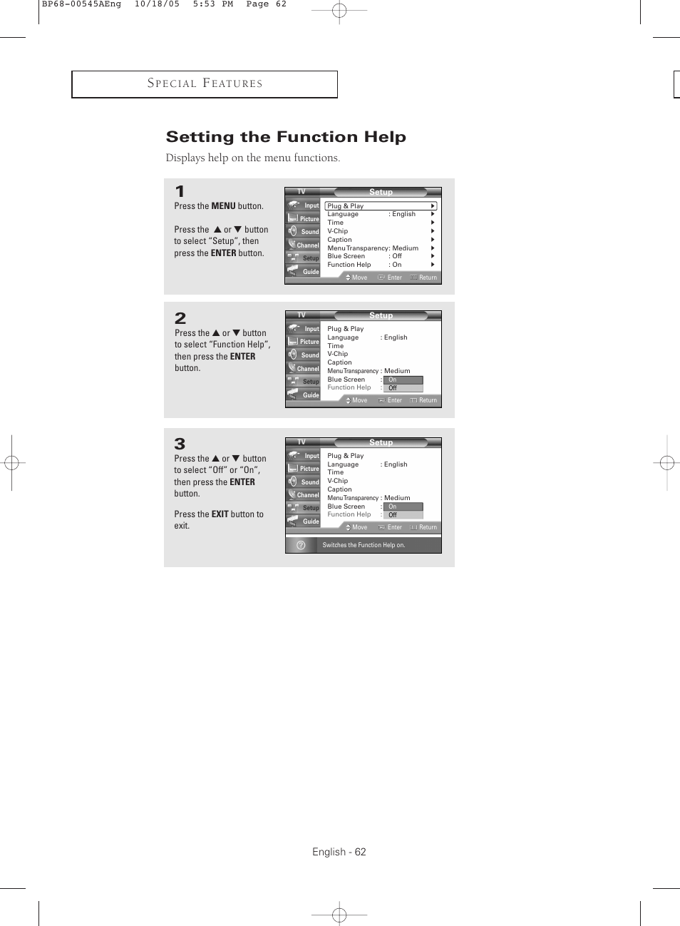 Setting the function help, Displays help on the menu functions | Samsung HCS4755WX-XAA User Manual | Page 62 / 80