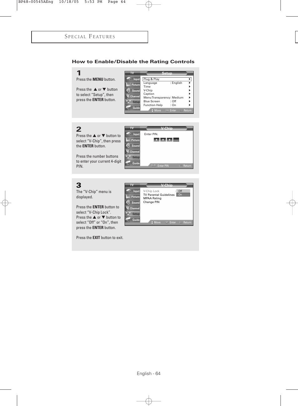 How to enable/disable the rating controls | Samsung HCS4755WX-XAA User Manual | Page 64 / 80