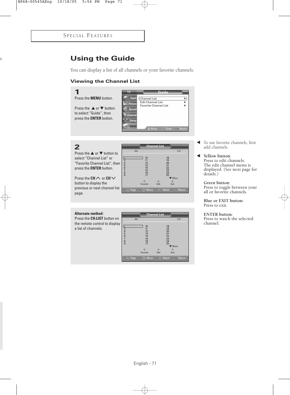 Using the guide, Viewing the channel list, English - 71 | Samsung HCS4755WX-XAA User Manual | Page 71 / 80