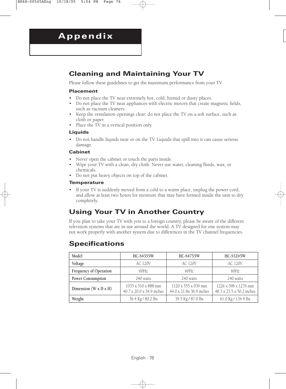 Appendix, Cleaning and maintaining your tv, Using your tv in another country | Specifications | Samsung HCS4755WX-XAA User Manual | Page 76 / 80