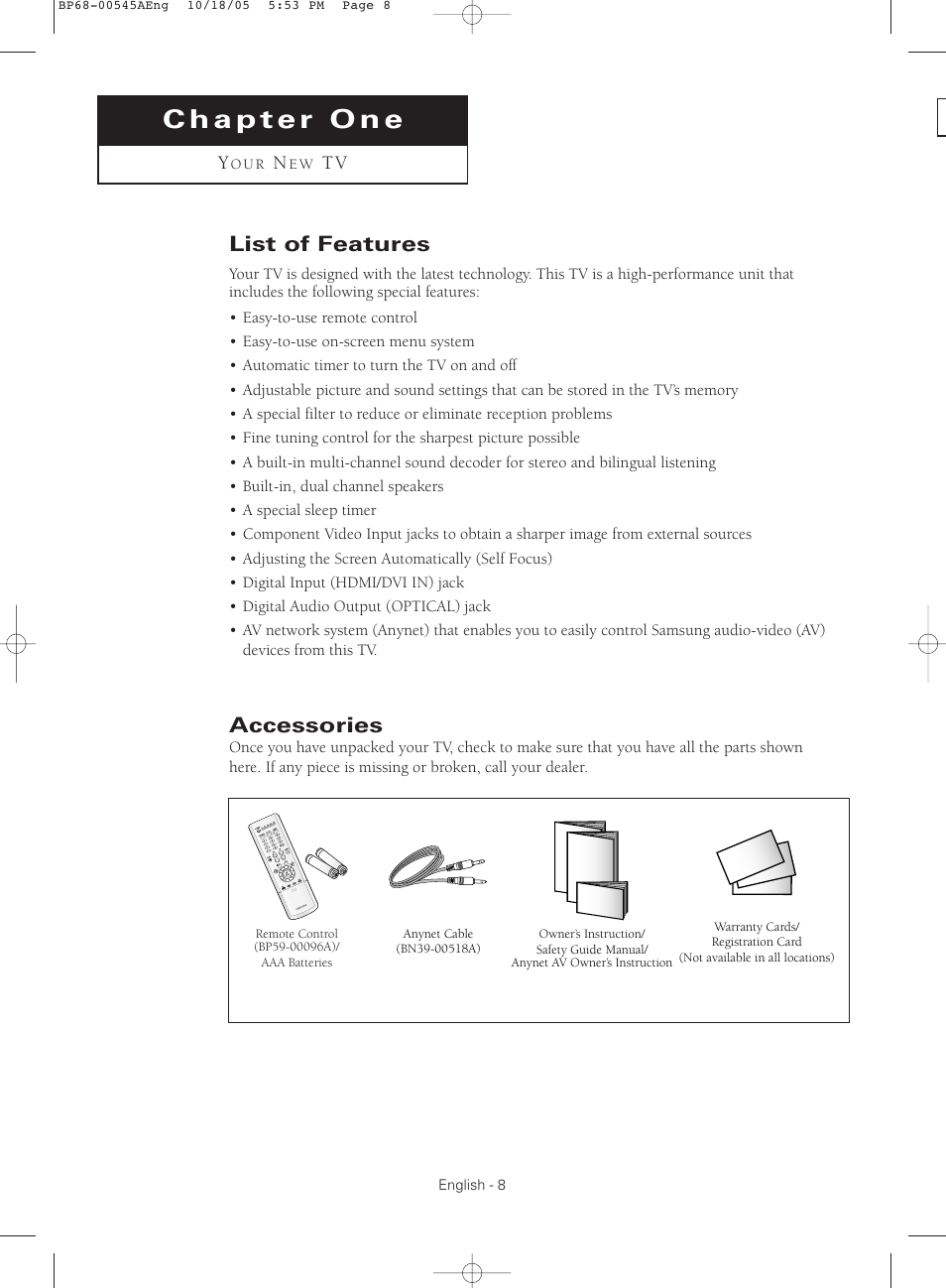 Chapter one : your new tv, List of features, Accessories | Samsung HCS4755WX-XAA User Manual | Page 8 / 80