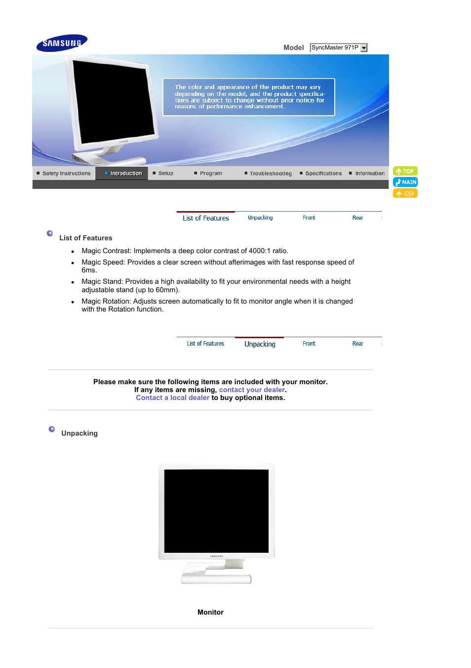 Introduction, List of features, Unpacking | Samsung LS19MBPXFV-XAA User Manual | Page 10 / 56