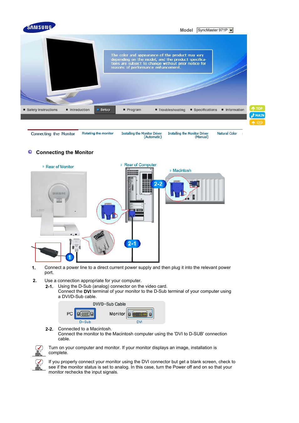 Setup, Connecting the monitor | Samsung LS19MBPXFV-XAA User Manual | Page 15 / 56