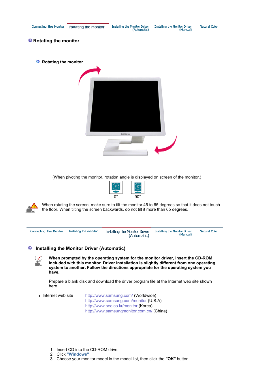 Rotating the monitor, Installing the monitor driver (automatic) | Samsung LS19MBPXFV-XAA User Manual | Page 16 / 56