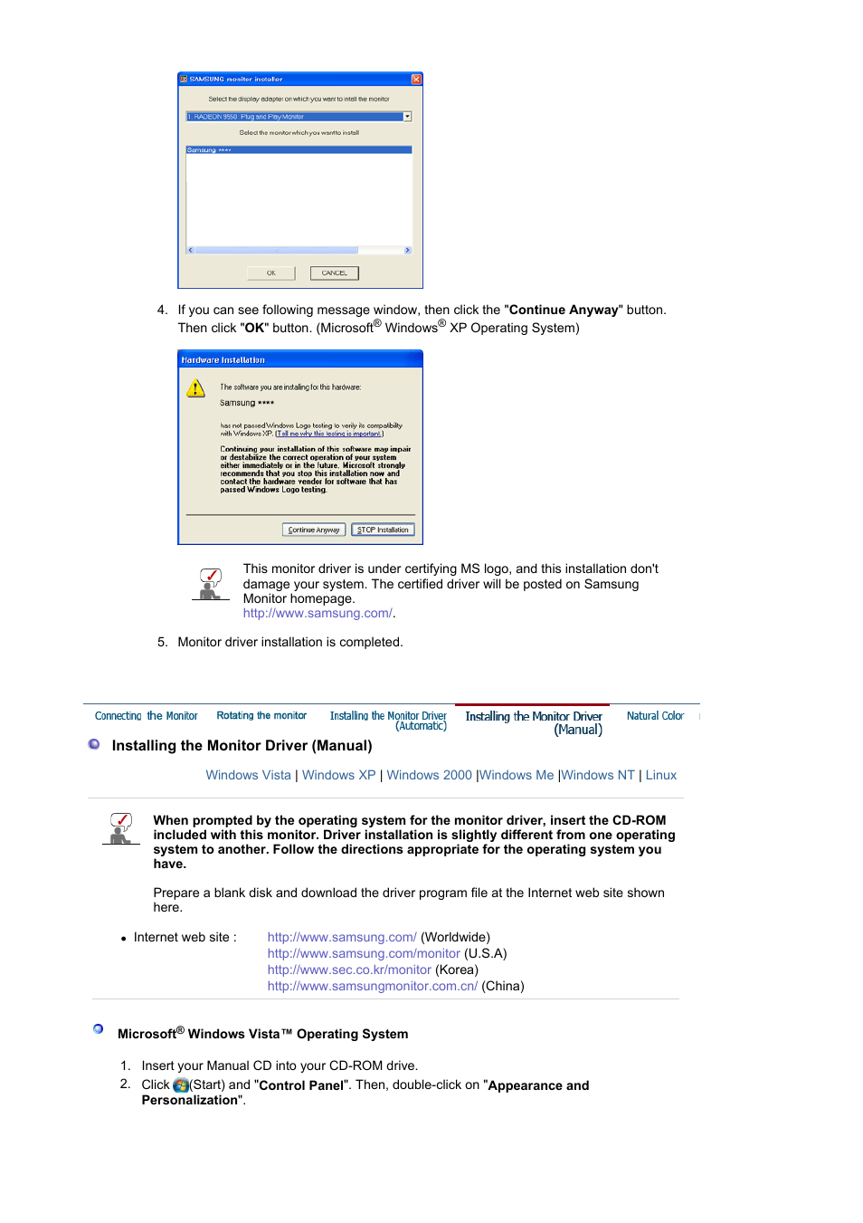 Installing the monitor driver (manual) | Samsung LS19MBPXFV-XAA User Manual | Page 17 / 56