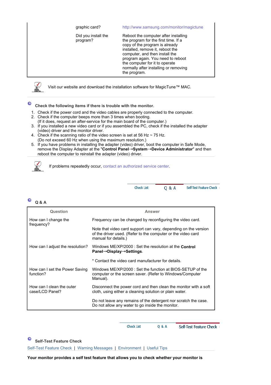 Q & a, Self-test feature check | Samsung LS19MBPXFV-XAA User Manual | Page 44 / 56