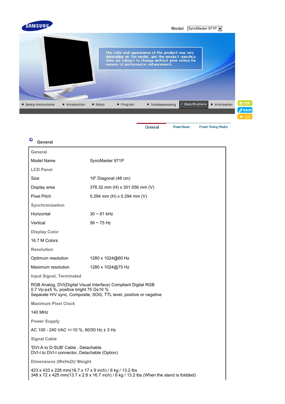 Specifications, General | Samsung LS19MBPXFV-XAA User Manual | Page 46 / 56