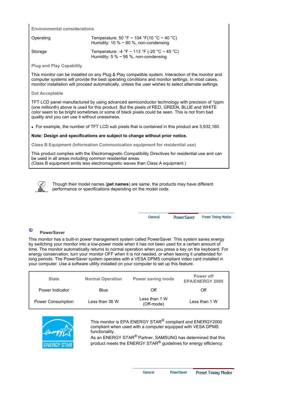 Powersaver, Preset timing modes | Samsung LS19MBPXFV-XAA User Manual | Page 47 / 56