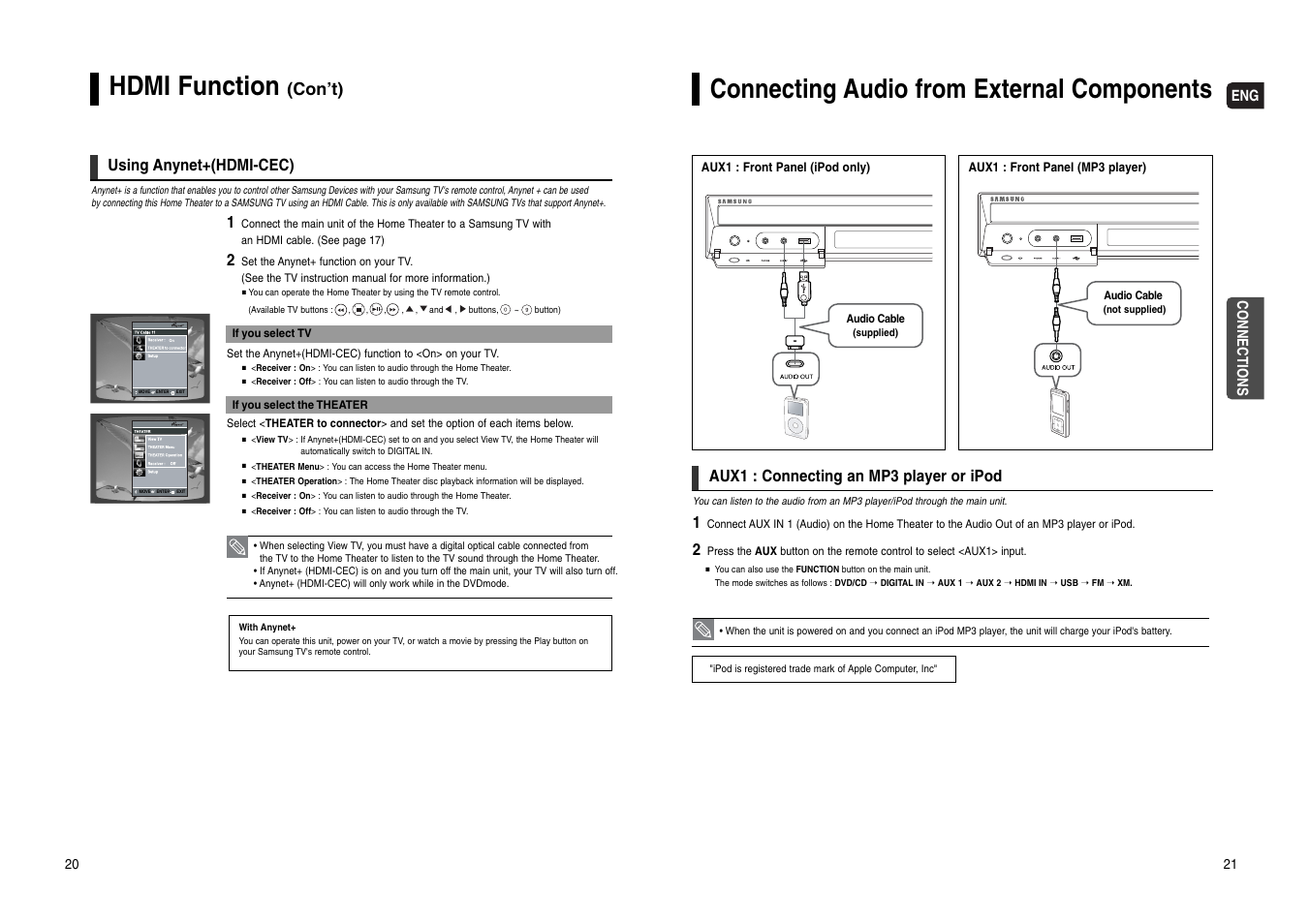 Connecting audio from external components, Hdmi function, Con’t) | Eng connections, Using anynet+(hdmi-cec), Aux1 : connecting an mp3 player or ipod | Samsung HT-WX70T-XAA User Manual | Page 11 / 37