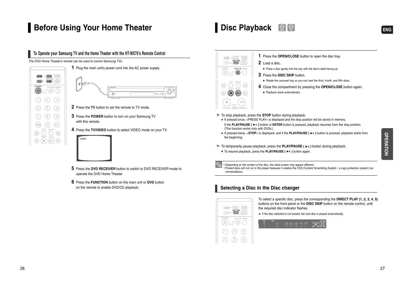 Before using your home theater, Disc playback | Samsung HT-WX70T-XAA User Manual | Page 14 / 37