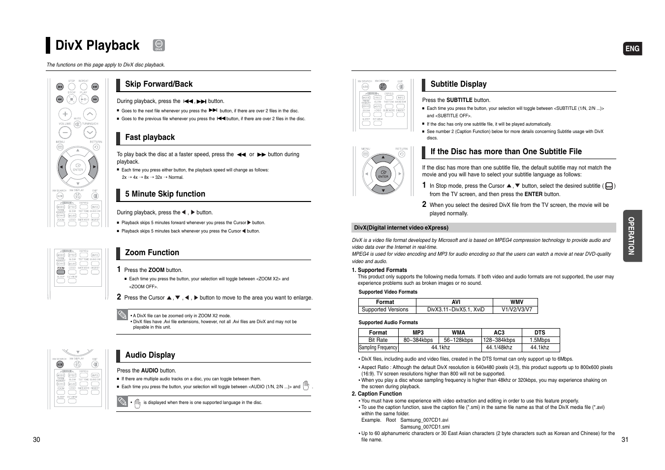 Divx playback, Eng opera tion, Skip forward/back | 5 minute skip function, Fast playback 1, Zoom function, Subtitle display, If the disc has more than one subtitle file, Audio display | Samsung HT-WX70T-XAA User Manual | Page 16 / 37