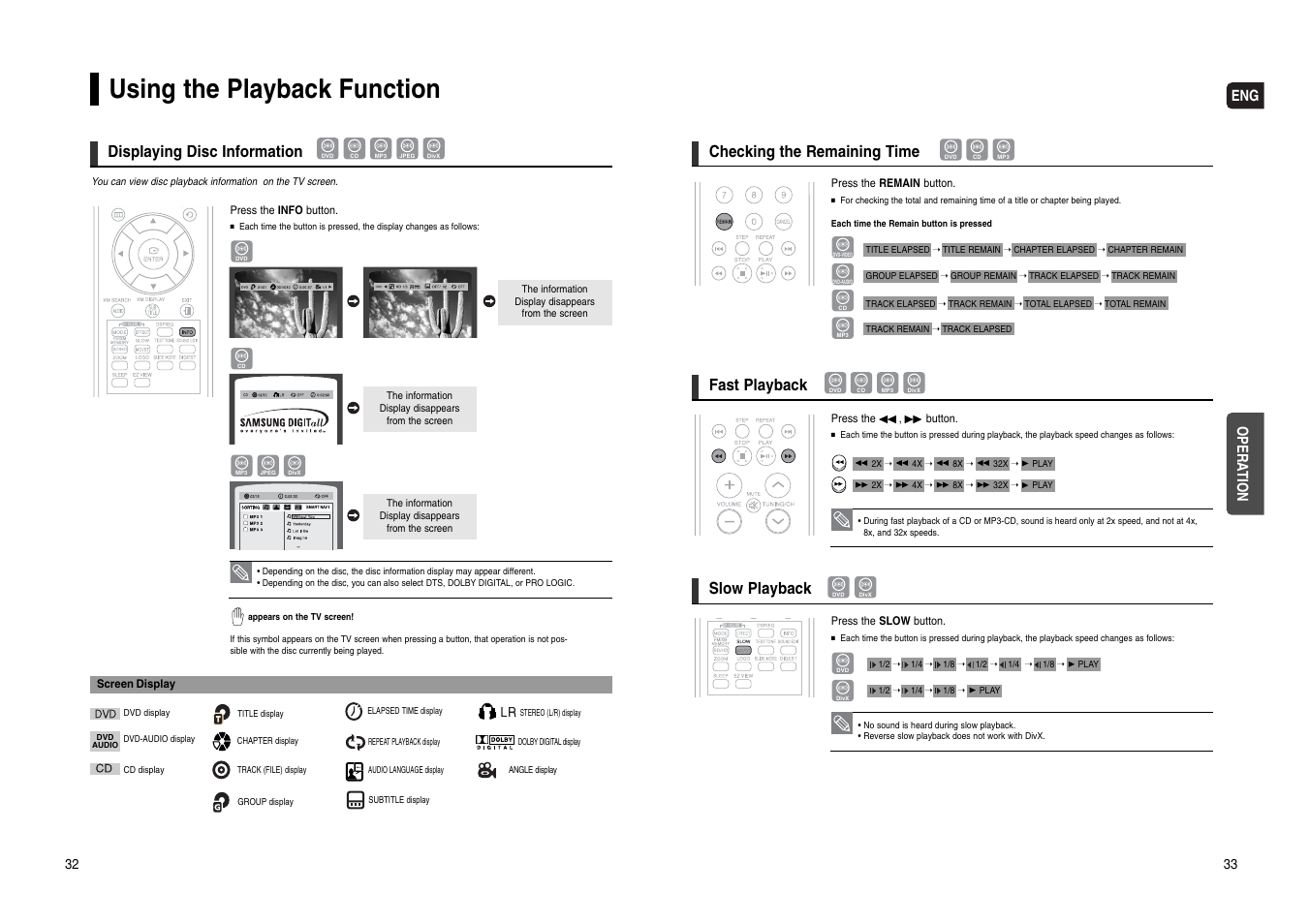 Using the playback function, Eng opera tion, Checking the remaining time | Fast playback, Slow playback, Displaying disc information | Samsung HT-WX70T-XAA User Manual | Page 17 / 37