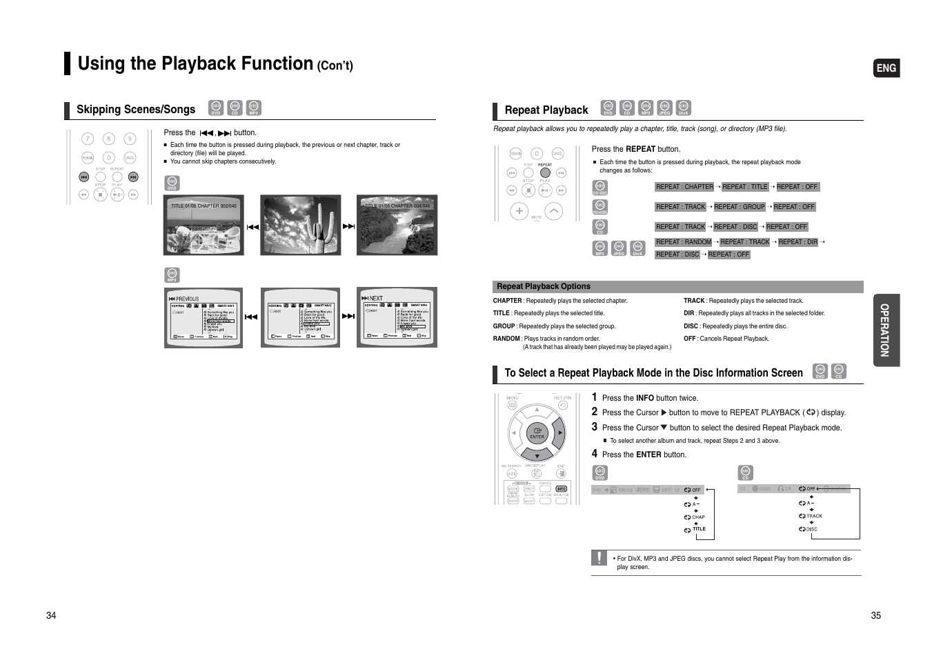 Using the playback function, Con’t), Eng opera tion | Skipping scenes/songs, Repeat playback | Samsung HT-WX70T-XAA User Manual | Page 18 / 37