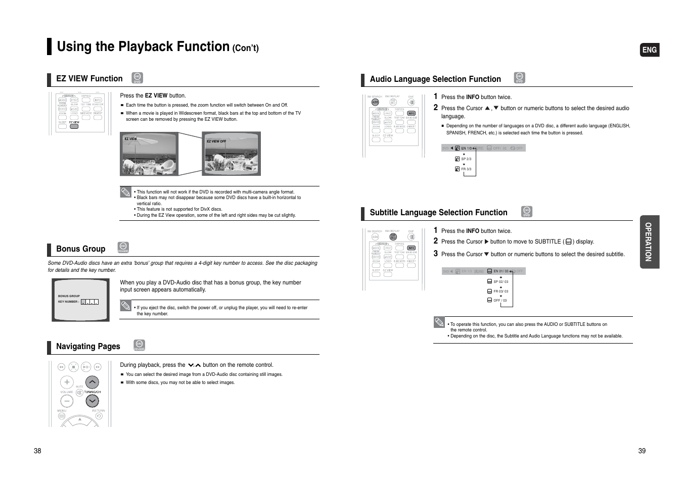 Using the playback function, Con’t), Eng opera tion | Ez view function, Bonus group, Navigating pages, Audio language selection function, Subtitle language selection function | Samsung HT-WX70T-XAA User Manual | Page 20 / 37