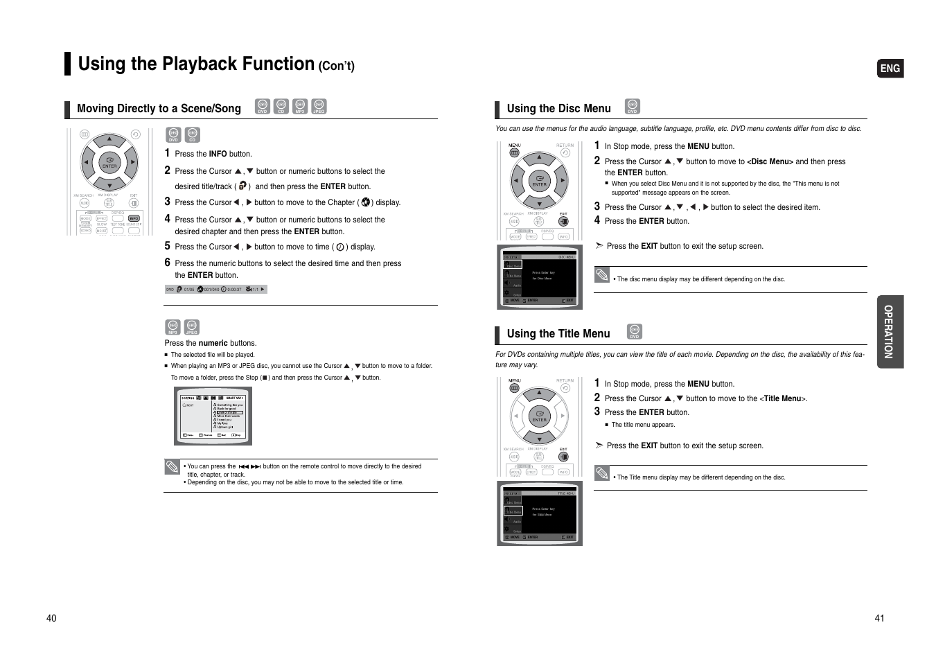 Using the playback function, Con’t), Eng opera tion | Moving directly to a scene/song 1, Using the disc menu using the title menu | Samsung HT-WX70T-XAA User Manual | Page 21 / 37