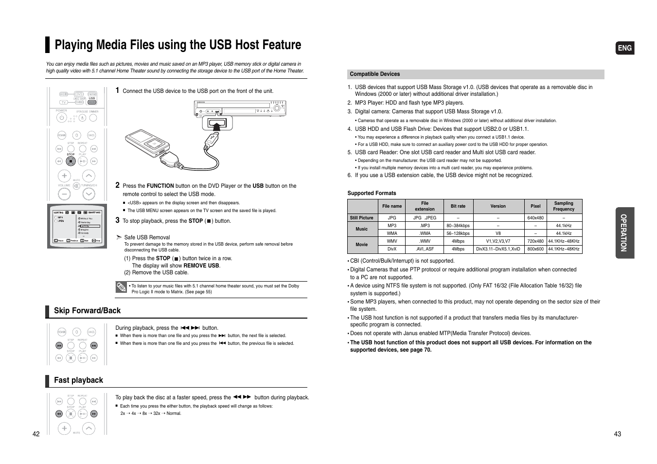 Playing media files using the usb host feature, Eng opera tion, Skip forward/back | Fast playback | Samsung HT-WX70T-XAA User Manual | Page 22 / 37