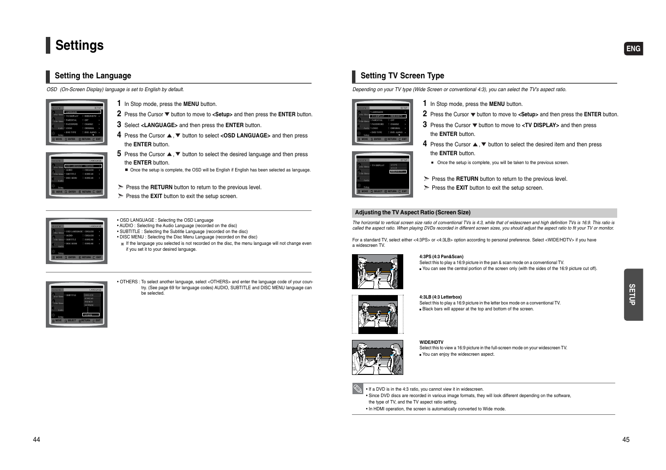 Setup, Settings, Setting the language | Setting tv screen type, Eng setup | Samsung HT-WX70T-XAA User Manual | Page 23 / 37