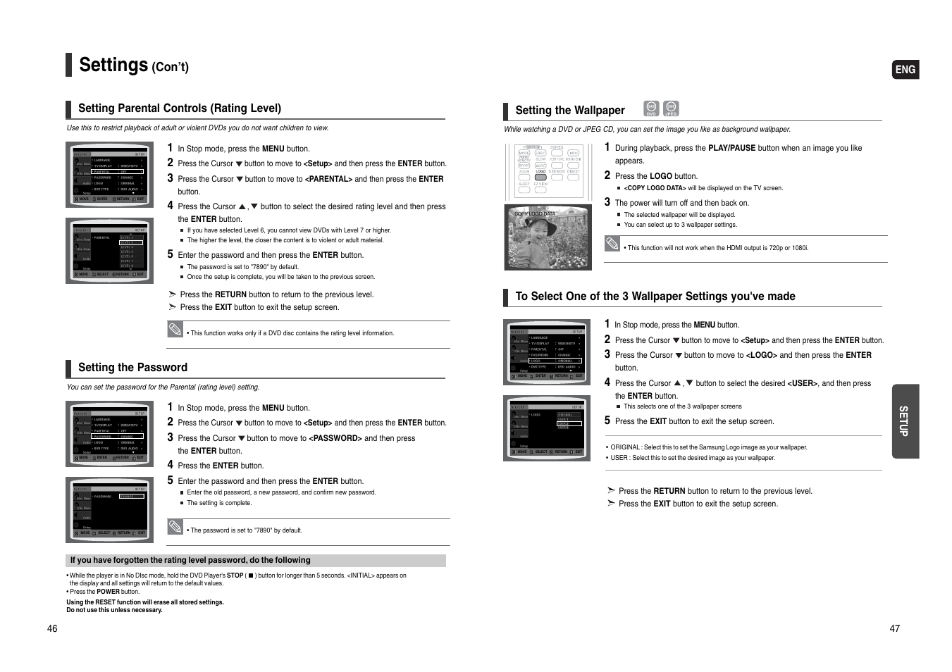 Setting parental controls (rating level), Setting the wallpaper, Settings | Con’t), Eng setup, Setting the password | Samsung HT-WX70T-XAA User Manual | Page 24 / 37