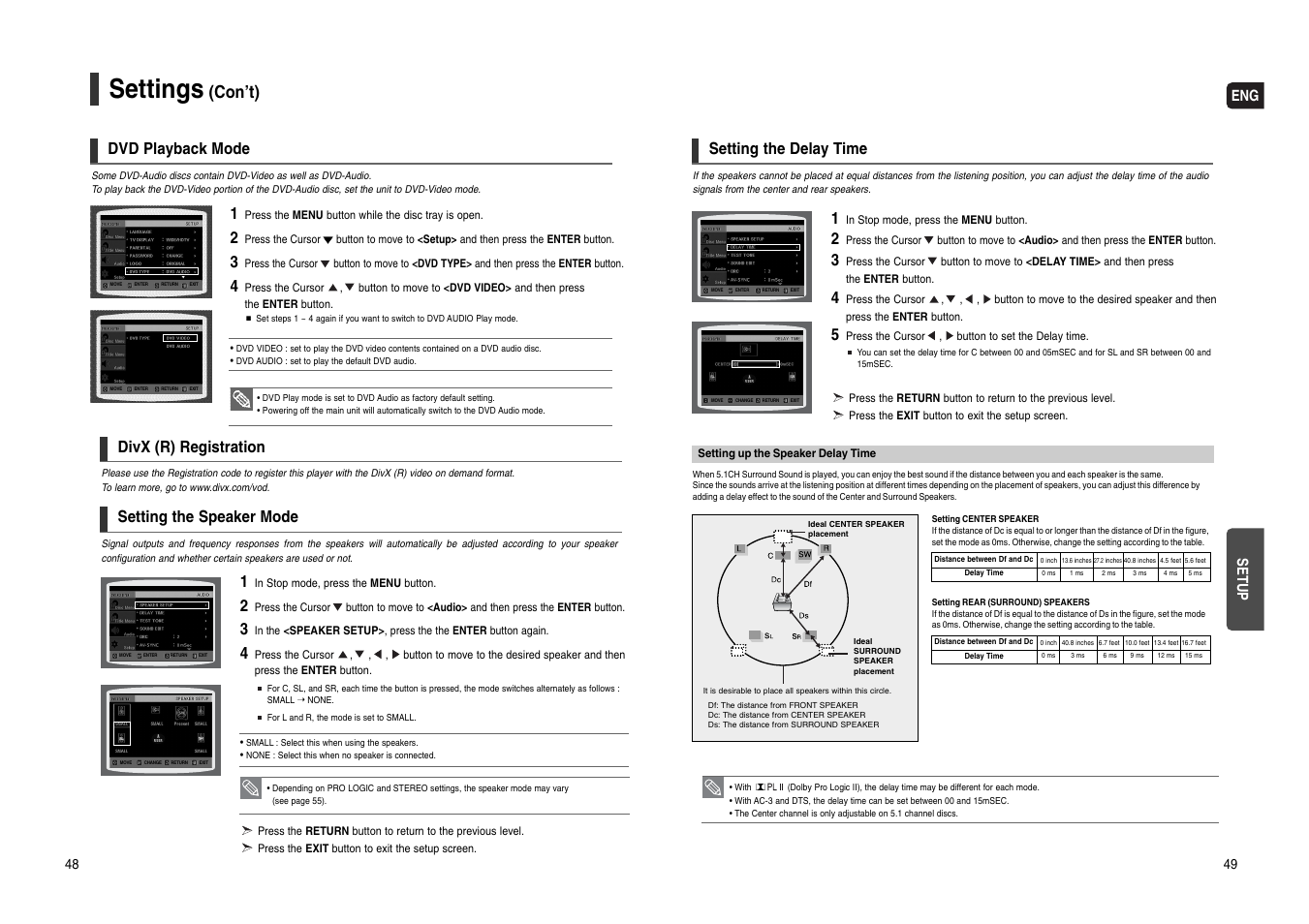 Divx (r) registration, Setting the speaker mode, Setting the delay time | Settings, Con’t), Eng setup, Dvd playback mode | Samsung HT-WX70T-XAA User Manual | Page 25 / 37