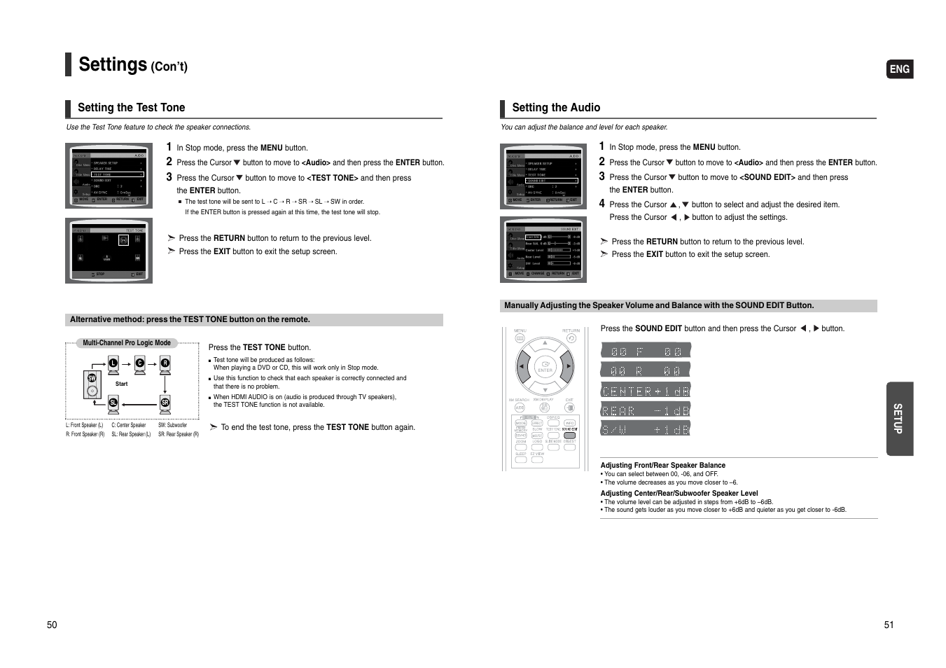 Setting the test tone, Setting the audio, Settings | Con’t), Eng setup | Samsung HT-WX70T-XAA User Manual | Page 26 / 37