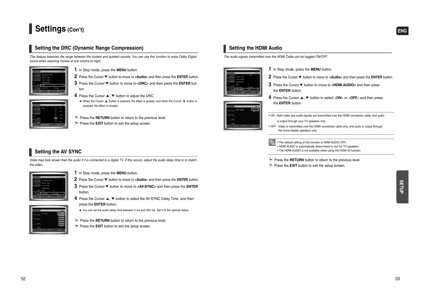 Setting the drc (dynamic range compression), Setting the av sync, Setting the hdmi audio | Settings, Con’t), Eng setup | Samsung HT-WX70T-XAA User Manual | Page 27 / 37