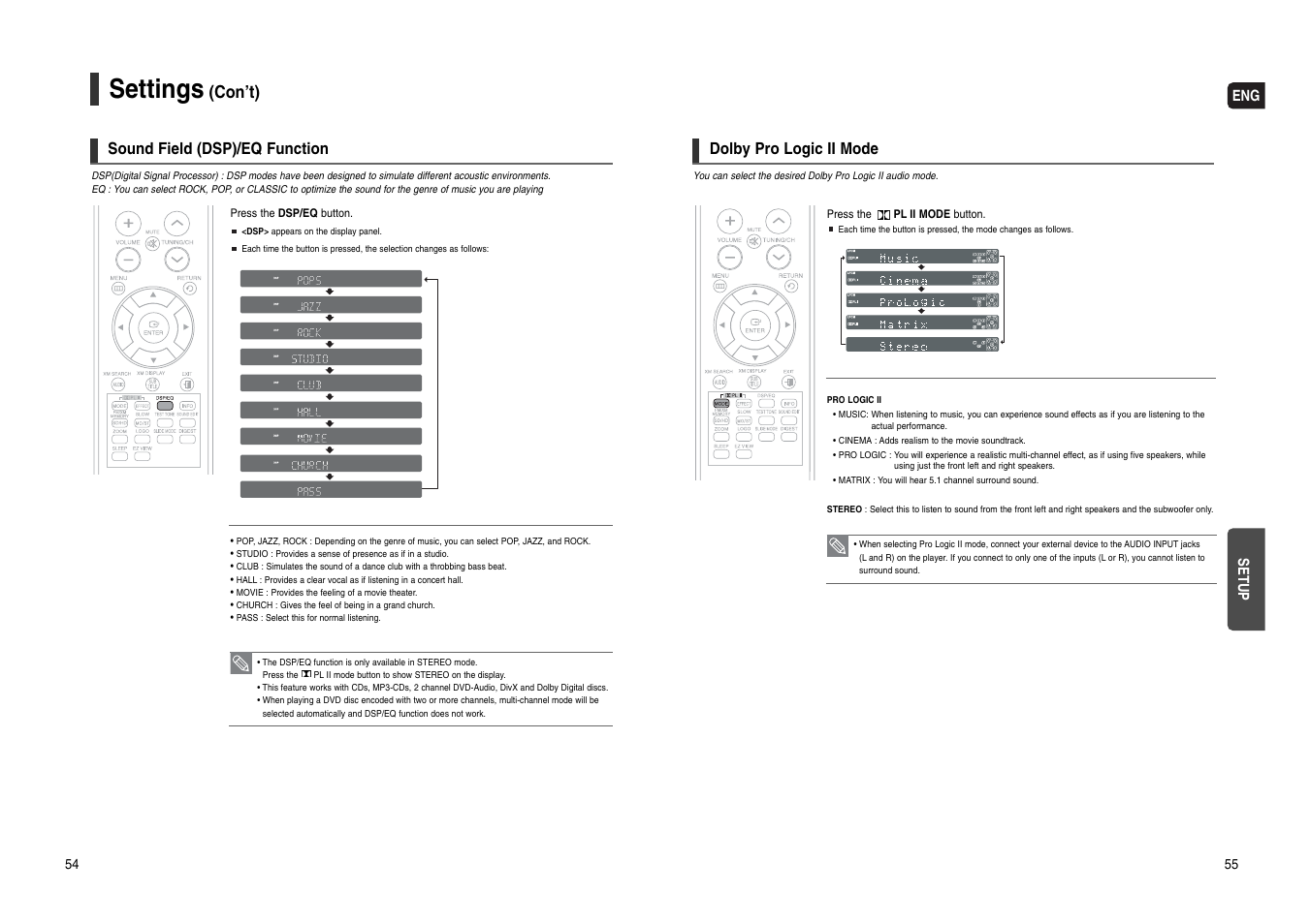 Sound field (dsp)/eq function, Dolby pro logic ii mode, Settings | Con’t), Eng setup | Samsung HT-WX70T-XAA User Manual | Page 28 / 37
