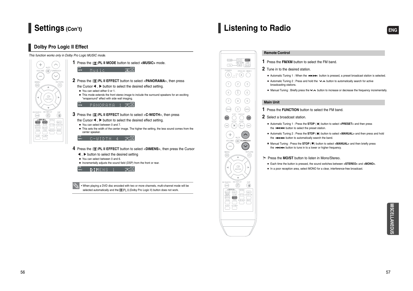 Dolby pro logic ii effect, Miscellaneous, Listening to radio | Settings, Con’t) | Samsung HT-WX70T-XAA User Manual | Page 29 / 37