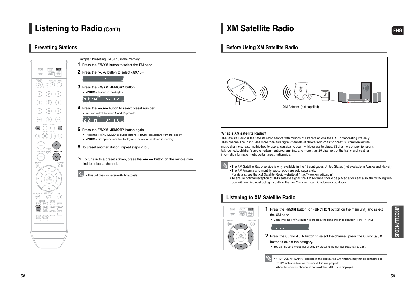Presetting stations, Xm satellite radio, Listening to radio | Samsung HT-WX70T-XAA User Manual | Page 30 / 37