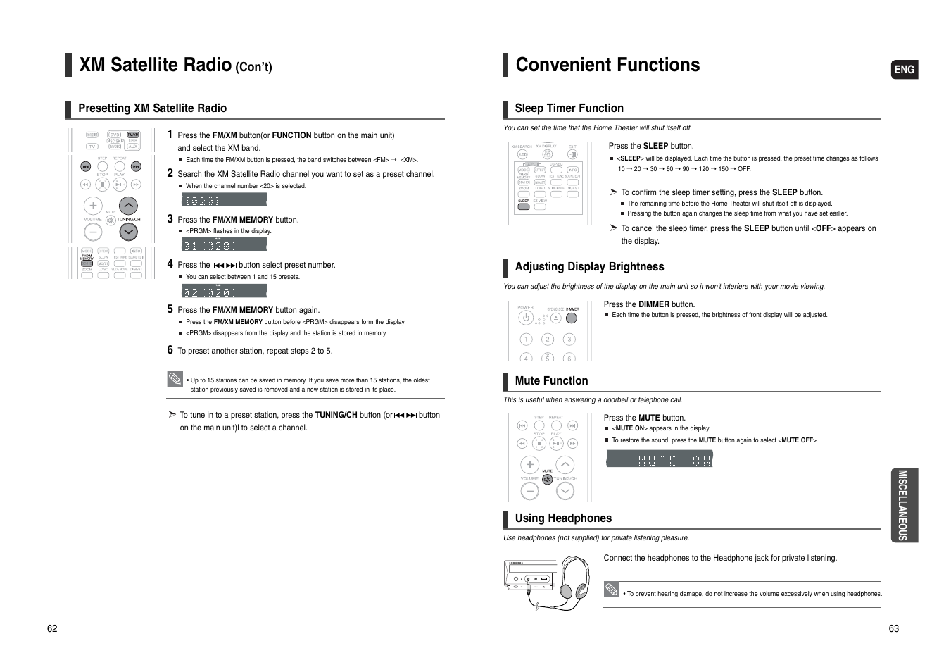 Convenient functions, Operating a tv with the remote control, Xm satellite radio | Con’t) | Samsung HT-WX70T-XAA User Manual | Page 32 / 37