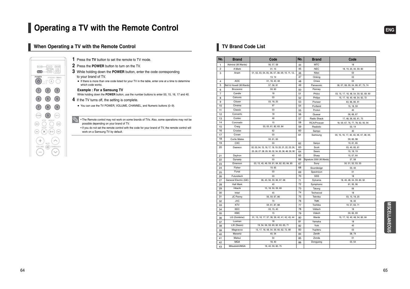 Operating a tv with the remote control, When operating a tv with the remote control, Tv brand code list | Miscellaneous | Samsung HT-WX70T-XAA User Manual | Page 33 / 37