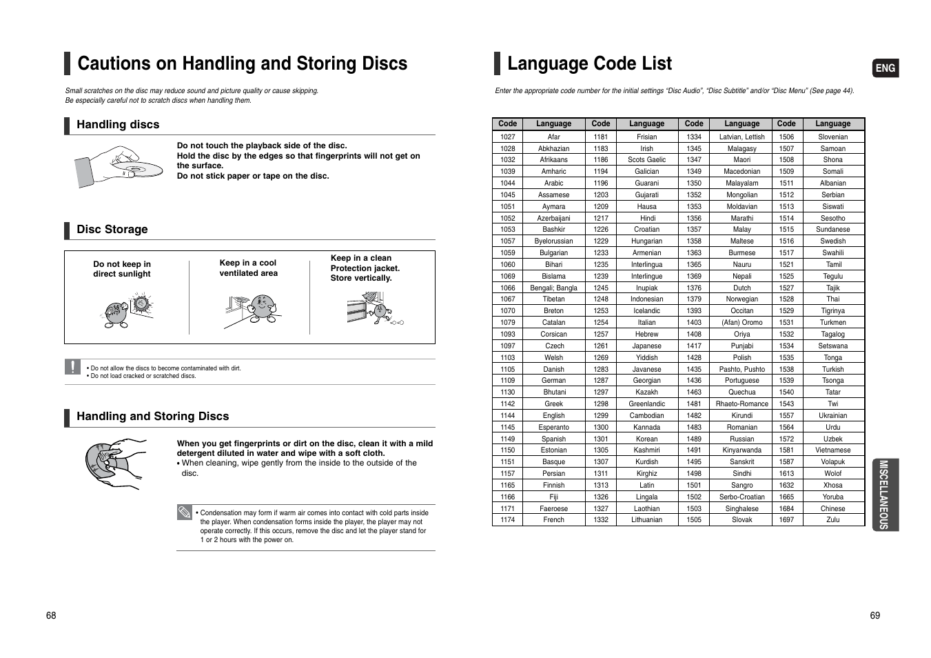 Cautions on handling and storing discs, Language code list, Miscellaneous | Samsung HT-WX70T-XAA User Manual | Page 35 / 37