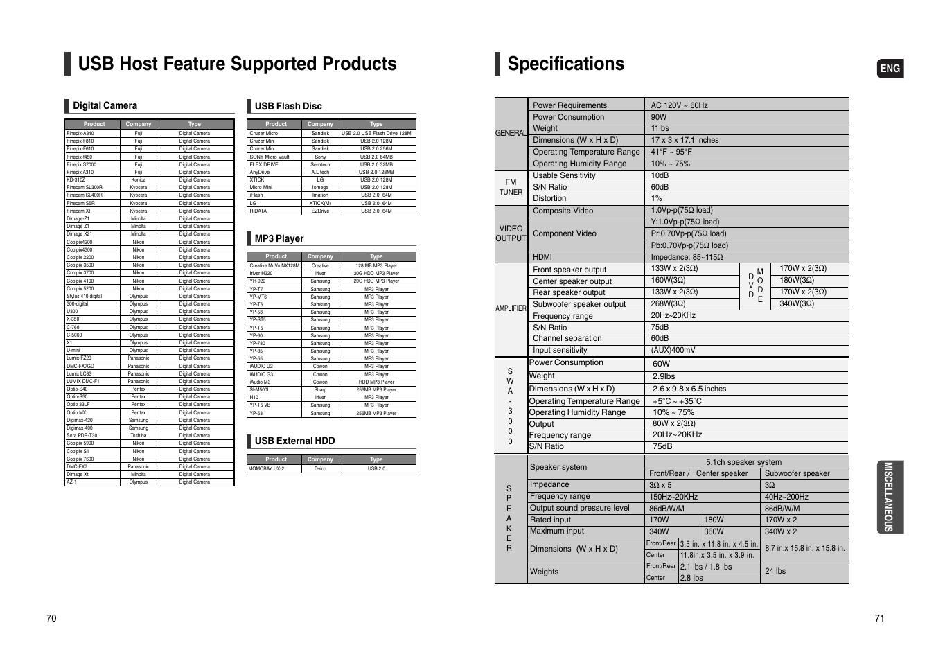 Usb host feature supported products, Specifications, Miscellaneous | Digital camera, Usb flash disc, Mp3 player, Usb external hdd | Samsung HT-WX70T-XAA User Manual | Page 36 / 37