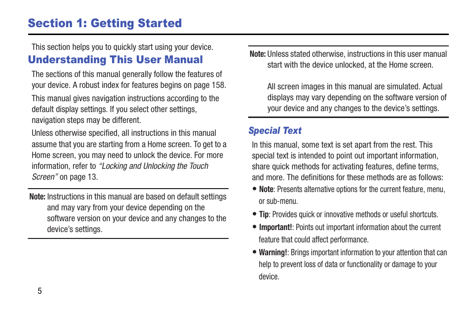 Section 1: getting started, Understanding this user manual | Samsung SM-T537AYKAATT User Manual | Page 10 / 167