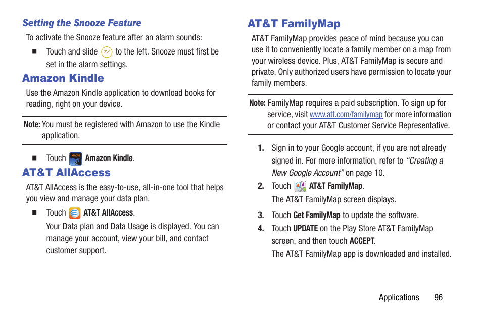 Amazon kindle, At&t allaccess, At&t familymap | Amazon kindle at&t allaccess at&t familymap | Samsung SM-T537AYKAATT User Manual | Page 101 / 167