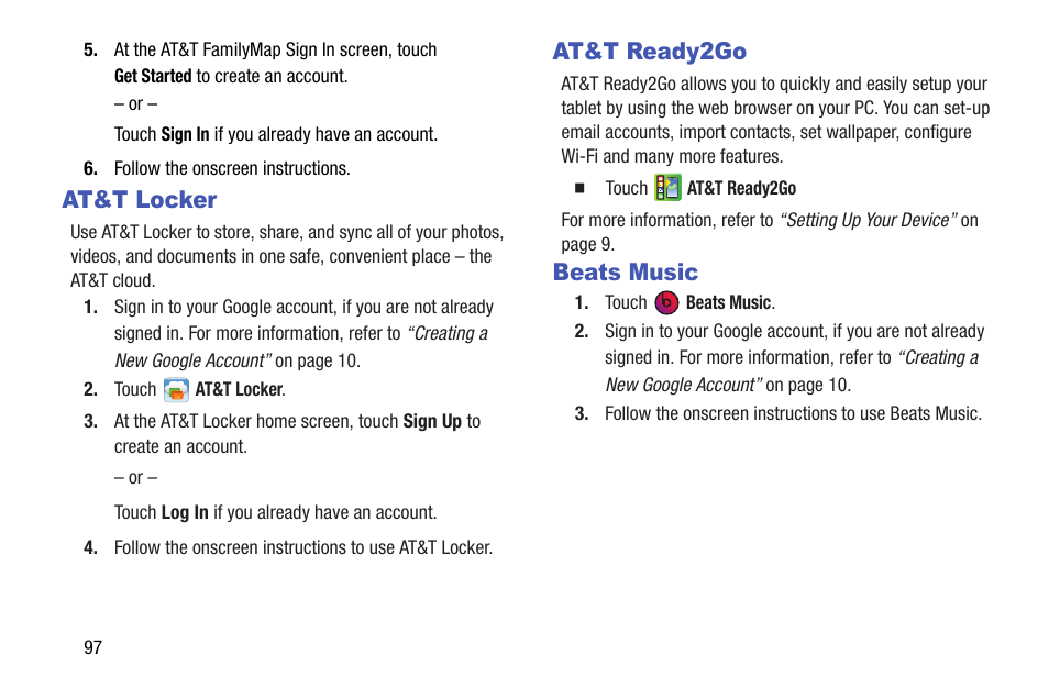 At&t locker, At&t ready2go, Beats music | At&t locker at&t ready2go beats music | Samsung SM-T537AYKAATT User Manual | Page 102 / 167