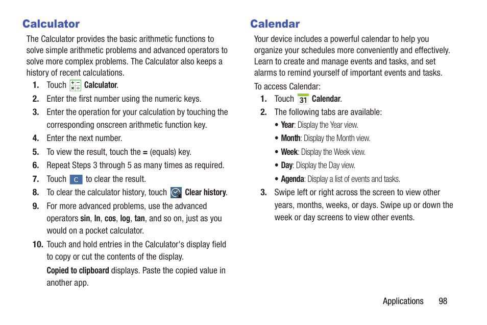Calculator, Calendar, Calculator calendar | Samsung SM-T537AYKAATT User Manual | Page 103 / 167
