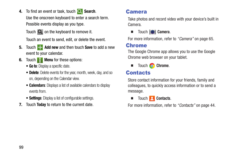Camera, Chrome, Contacts | Camera chrome contacts | Samsung SM-T537AYKAATT User Manual | Page 104 / 167