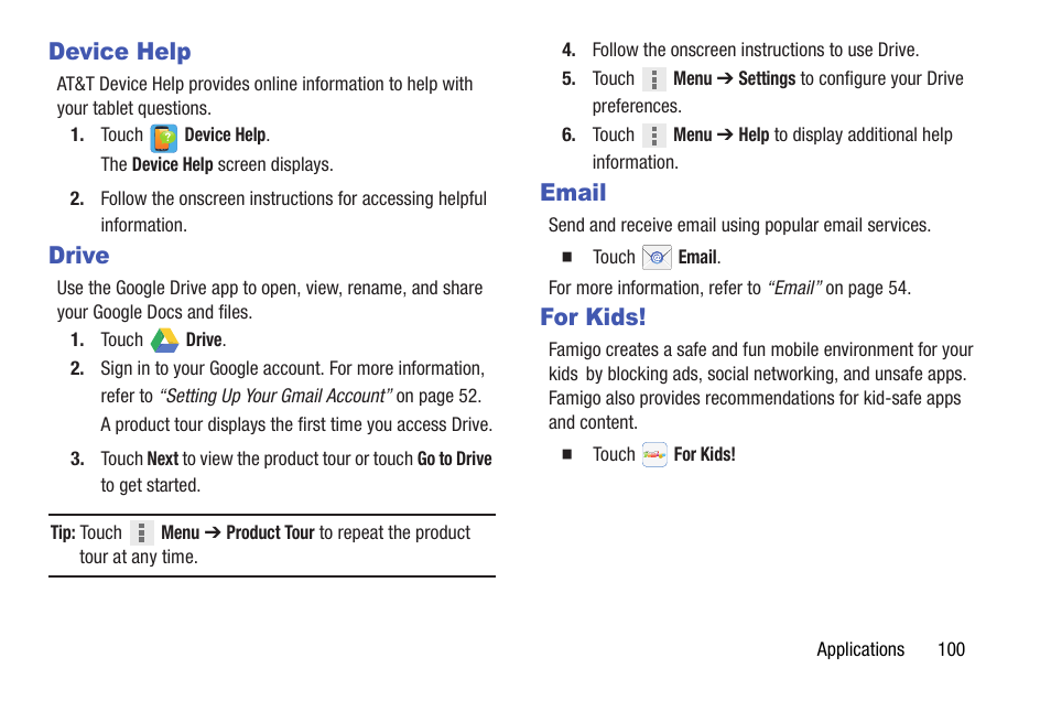 Device help, Drive, Email | For kids, Device help drive email for kids | Samsung SM-T537AYKAATT User Manual | Page 105 / 167