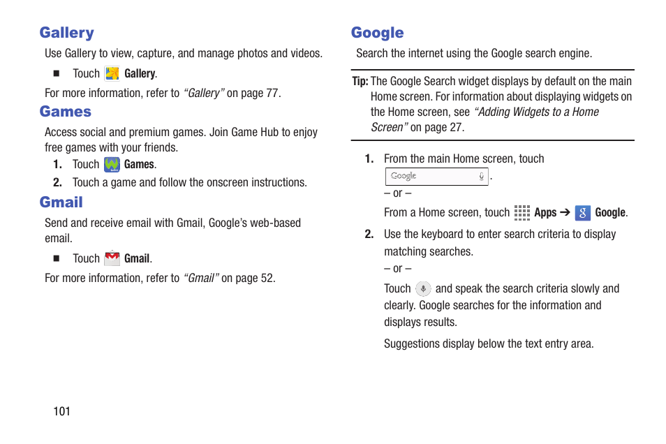 Gallery, Games, Gmail | Google, Games gmail google | Samsung SM-T537AYKAATT User Manual | Page 106 / 167