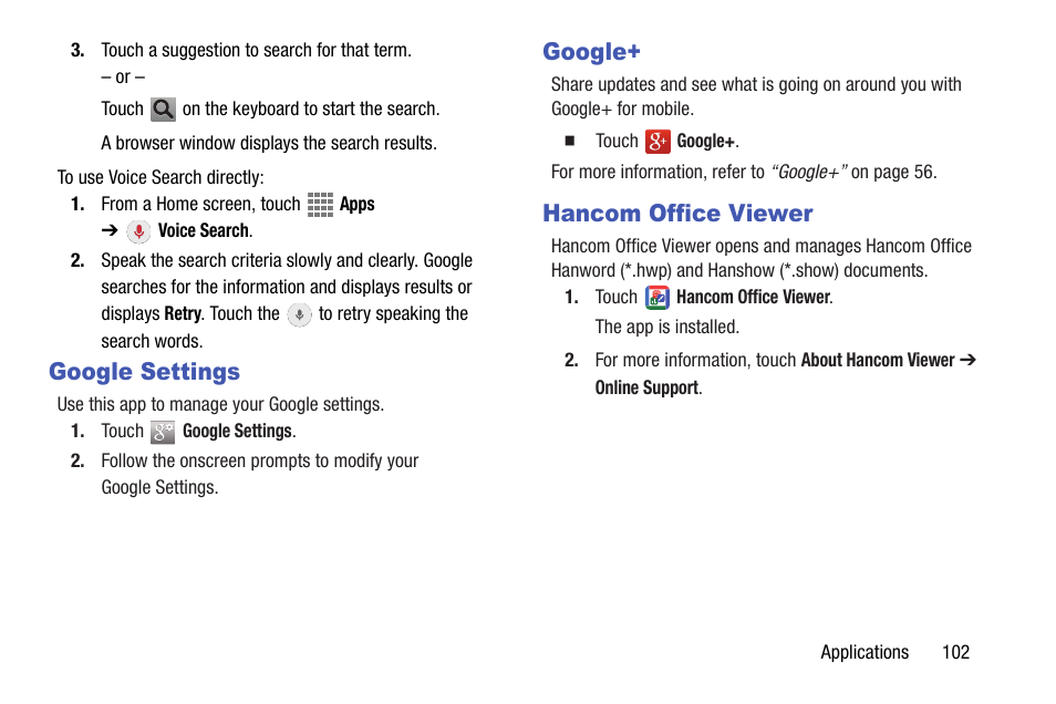 Google settings, Google, Hancom office viewer | Google settings google+ hancom office viewer | Samsung SM-T537AYKAATT User Manual | Page 107 / 167