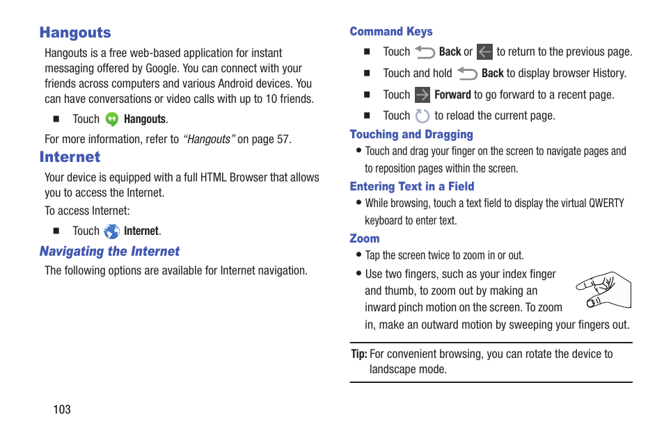 Hangouts, Internet, Hangouts internet | Samsung SM-T537AYKAATT User Manual | Page 108 / 167