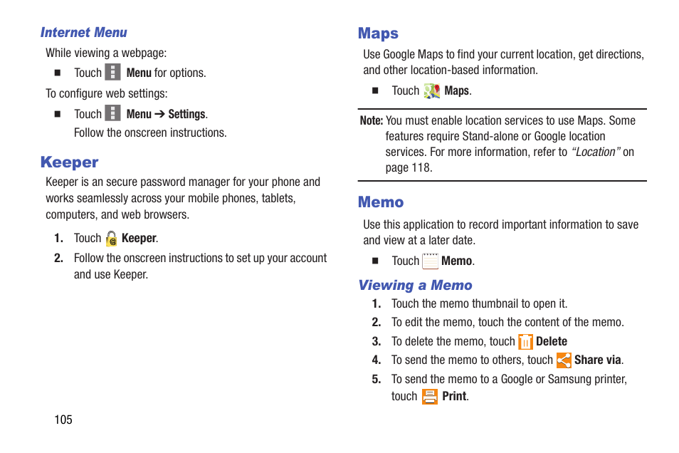 Keeper, Maps, Memo | Keeper maps memo | Samsung SM-T537AYKAATT User Manual | Page 110 / 167