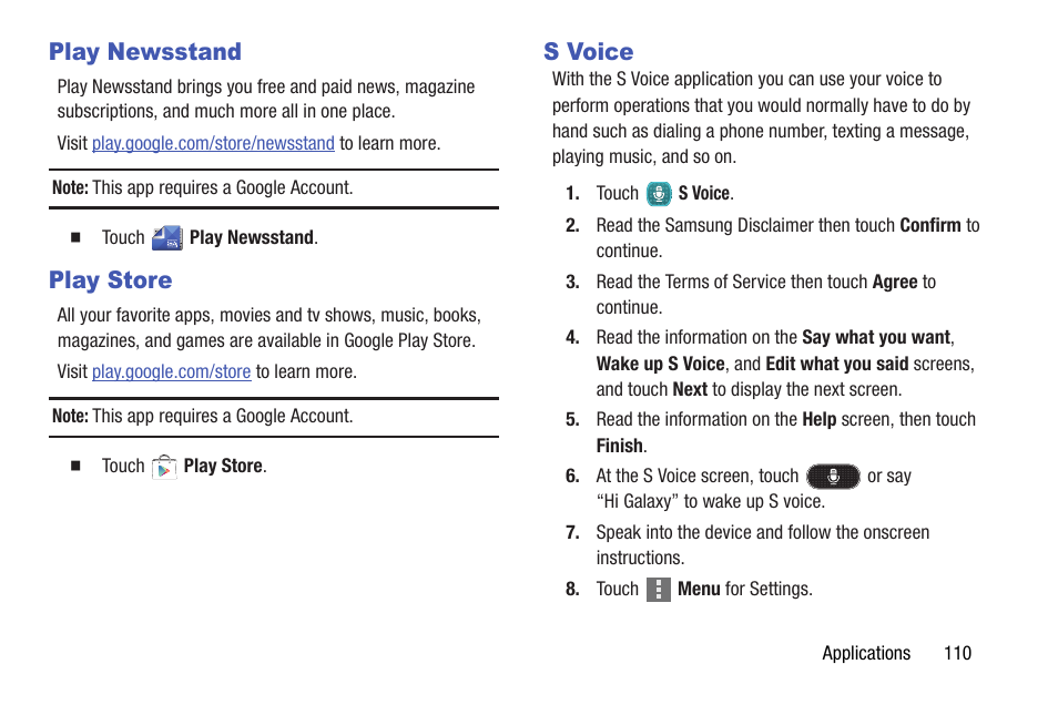 Play newsstand, Play store, S voice | Play newsstand play store | Samsung SM-T537AYKAATT User Manual | Page 115 / 167