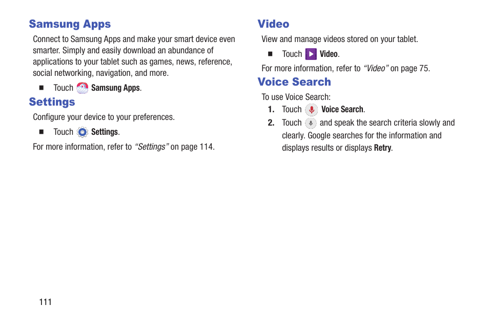 Samsung apps, Settings, Video | Voice search, Samsung apps settings video voice search | Samsung SM-T537AYKAATT User Manual | Page 116 / 167