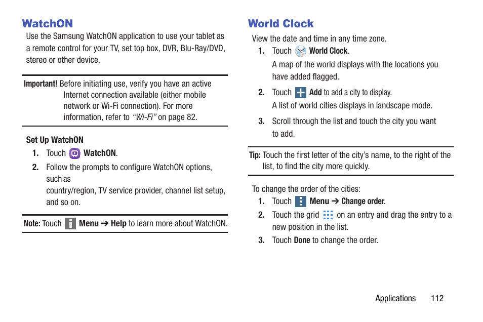 Watchon, World clock, Watchon world clock | Samsung SM-T537AYKAATT User Manual | Page 117 / 167